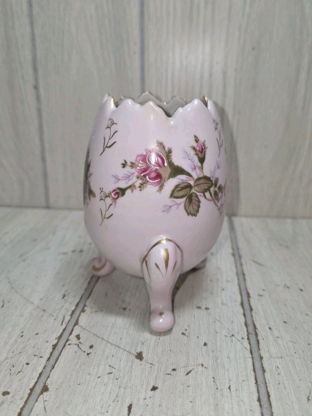 Vintage Napco Cracked Egg Vase Roses Porcelain Gold Trim Hand Painted Footed